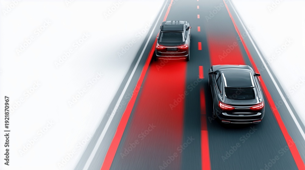 Fototapeta premium Top view of autonomous cars utilizing red lane keeping assist sensor zones. 