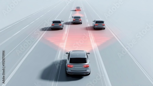 Self-driving car projecting red safety sensor field to detect vehicles ahead.
