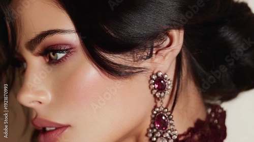 Elegant beauty close-up with striking earrings and makeup