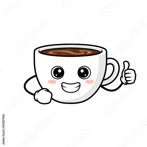 Happy Coffee Cup Character Giving Thumbs Up, Cartoon Style