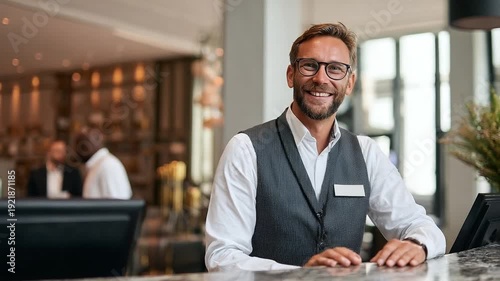 Friendly hotel receptionist welcoming guests at a luxury front desk