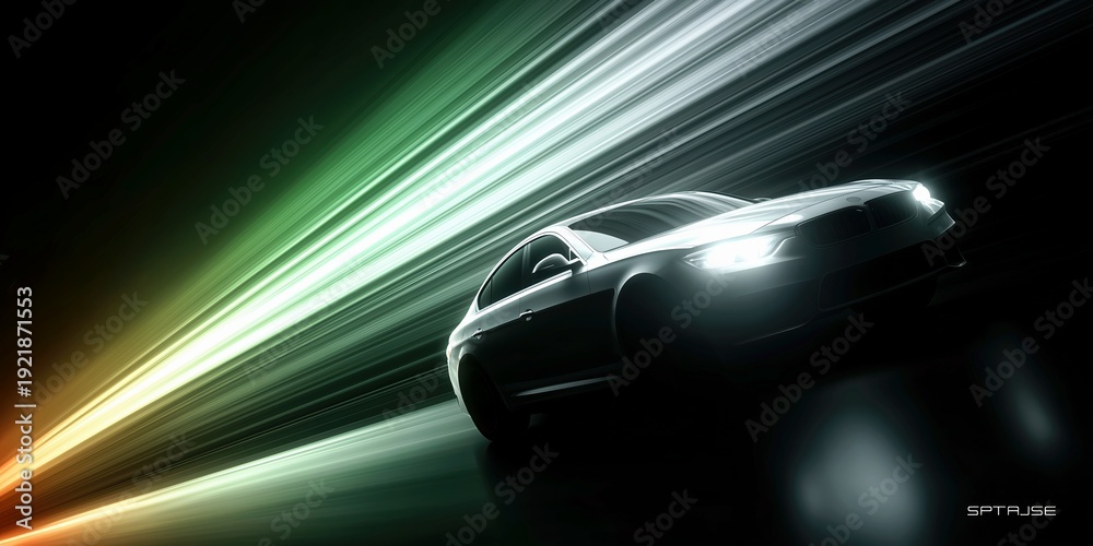Obraz premium Fast black sports car speeding through dark tunnel with dynamic green light trails.