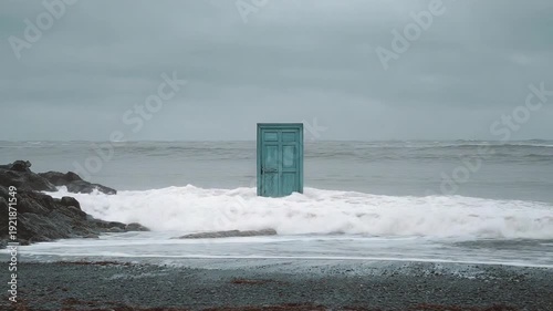 Mysterious door standing alone on rocky beach during stormy weather