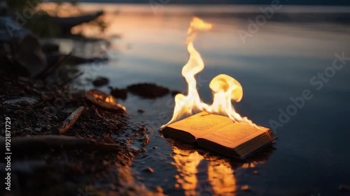 Fire consumes a book on the shore of a serene lake at sunset