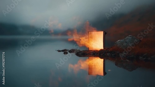 Flames illuminate a quiet lake at dusk with a striking book display