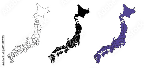 A set of vector maps of Japan with prefecture boundaries in three styles.