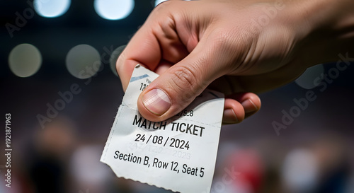 close up of a person holding a crumpled sports match ticket with a blurred stadium background during a night game event