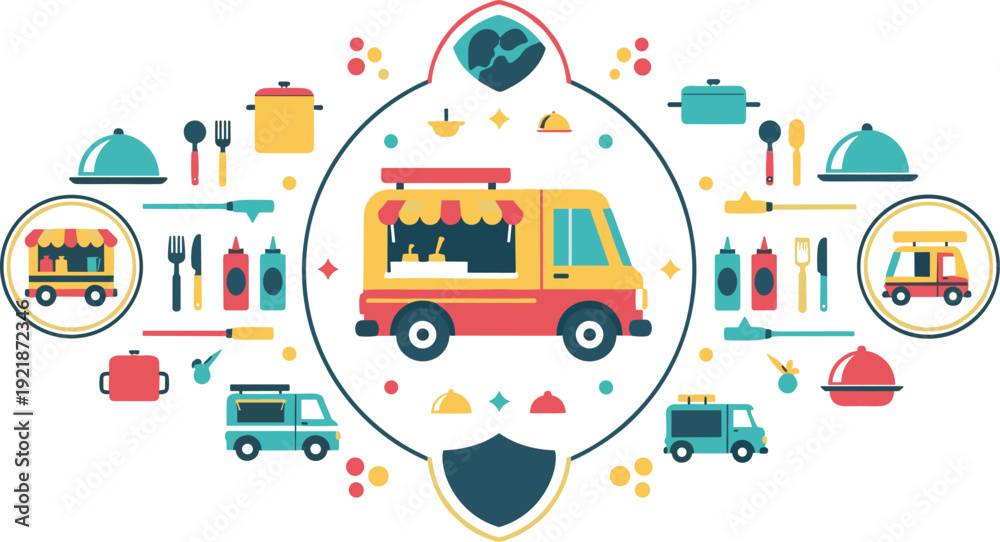 Naklejka premium Food truck festival vector set with street food van characters and kitchen tool icons for restaurant branding and catering illustrations