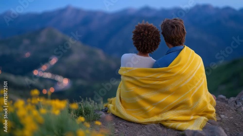 63A loving couple, wrapped in a blanket, sits on a mountain at sunset, view from behind, high vantage point above a winding valley, sky transitioning into blue hour, subtle stars beg