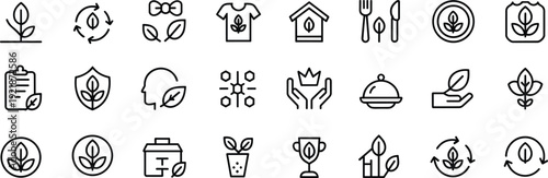 Set of minimalist ecology line icons featuring leaf symbols, organic food, recycling, sustainable home, eco friendly fashion, and green lifestyle illustrations,