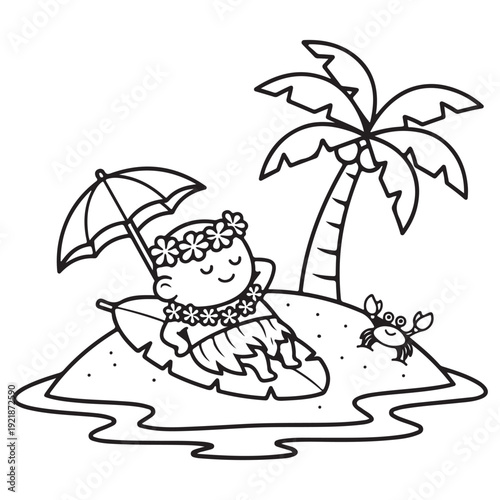 Adorable Cartoon Character in Hawaiian Attire Relaxing on a Tropical Island with Umbrella
