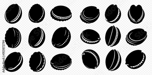 Set of black silhouette macaron cookie icons from various angles for graphic design.
