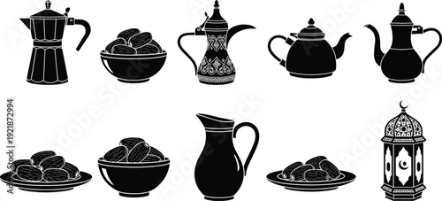 Arabic coffee set with dallah teapot dates lantern and traditional drinkware Ramadan hospitality vector illustration collection