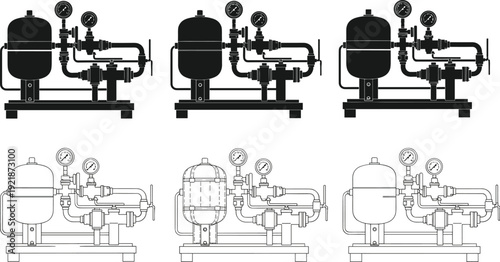 Industrial pressure tank and pump system with gauges pipes valves engineering equipment vector illustration set