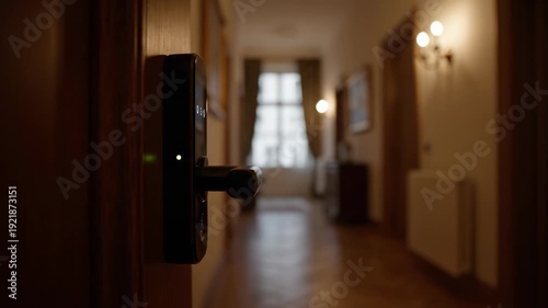 Opening a Hotel Room Door to a Bright Hallway with a Window View.