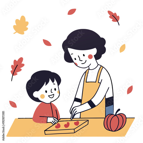 Mother and child preparing food together in cozy autumn kitchen  