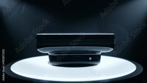 Sleek Black Electronic Device Rotating on a White Pedestal with Dramatic Lighting.