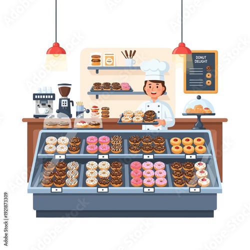 Baker with Donuts in Display Case at Bakery