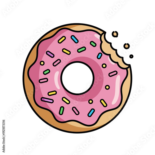 Bitten Pink Frosted Donut with Colorful Sprinkles, Sweet Treat Icon, Delicious Pastry