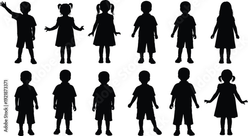 Kids silhouettes collection with boys and girls standing isolated on white background childhood vector illustration set