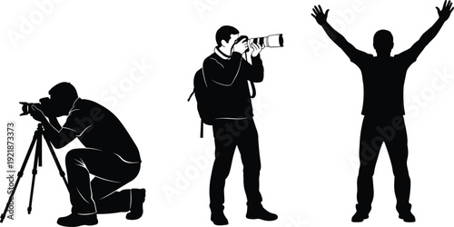 Photographer silhouettes with camera tripod and telephoto lens isolated on white background professional photography vector illustration set
