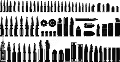 Ammunition and bullet silhouettes collection with various calibers cartridges isolated on white background military vector illustration set