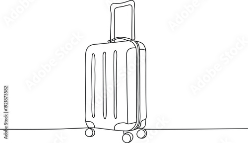 one line art suitcase drawing, suitcase in continuous line art drawing style, single one line drawing of case, luggage bag with wheels isolated on white background, editable stroke vector design objec