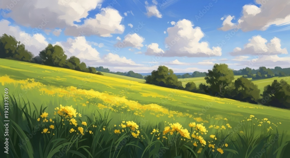 Fototapeta premium Serene summer vacation landscape with lush green hills and vibrant wildflowers under a bright blue sky