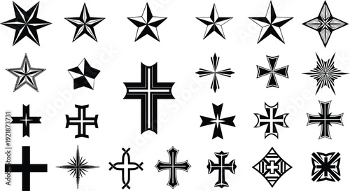 Black Cross and Star Symbols on White Background