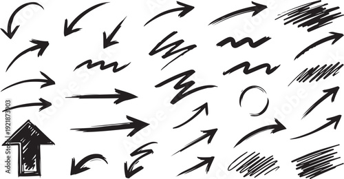 Creative arrows in grunge style, vector collection, beautiful and stylish. Bold arrows, graphic set of isolated elements from brush strokes, thick pointers isolated 