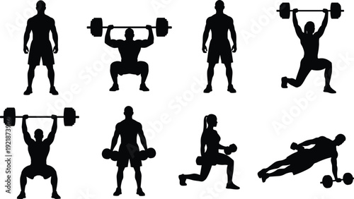 Fitness silhouettes with athletes lifting barbell dumbbells performing strength training exercises isolated on white background vector set