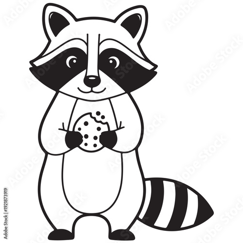 Cute Cartoon Raccoon Holding Cookie Black and White Illustration
