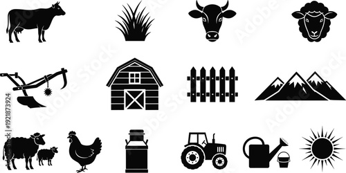 Farm and agriculture icons set with livestock barn tractor tools and rural elements isolated on white background vector