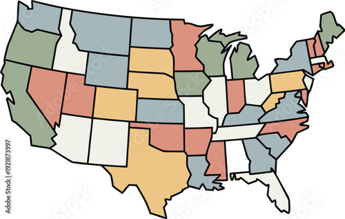 Vibrant multicolor united states map illustration featuring pastel shades for diverse demographic concepts