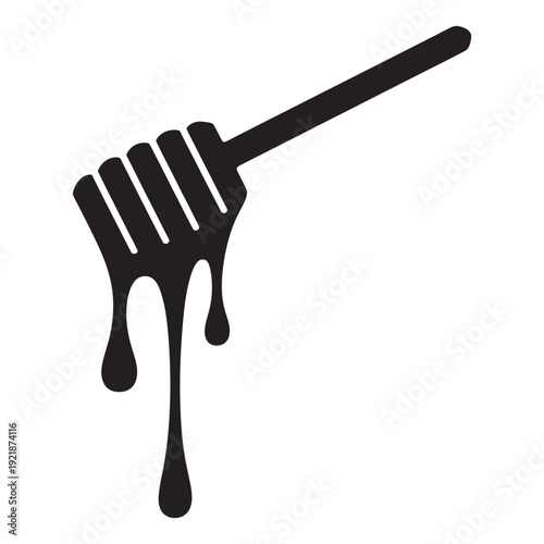 Honey Dipper Stick Icon, Dripping Honey Vector, Black Silhouette, Honey Stick Symbol, Vector Illustration