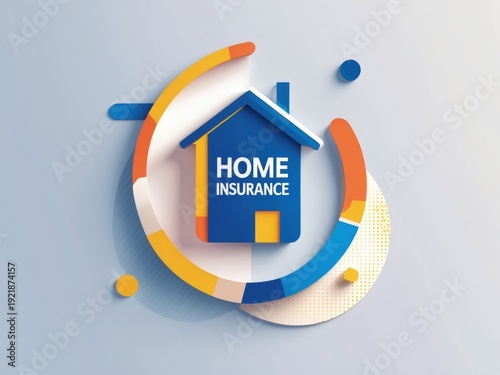 Home insurance concept with colorful house icon in paper cut style. Minimalist bright illustration with bold text for property protection services.