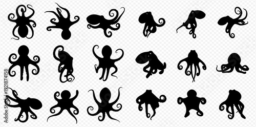 A diverse collection of black octopus silhouettes in various dynamic poses and styles, isolated on a transparent background.