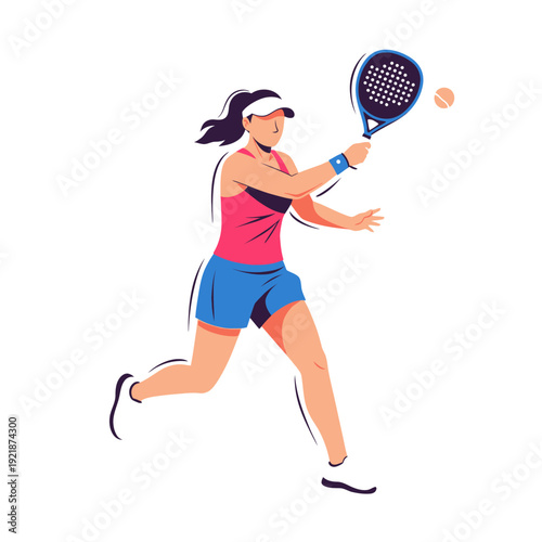 Woman playing padel tennis, hitting the ball with a racket, dynamic action shot