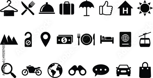 Travel and Lifestyle Flat Design Vector Icons Pack, Minimalist Black and White Illustration Set for Web and Print