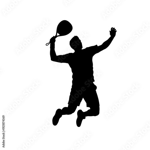 Silhouette of a man jumping and playing tennis, hitting a ball in mid-air.