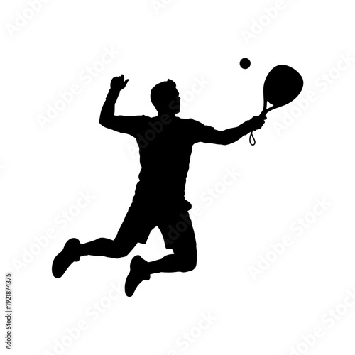 Silhouette of a man playing padel tennis, jumping and hitting the ball with a racket