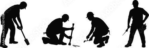 Construction worker silhouettes with tools in working poses isolated on white background industrial labor vector illustration set