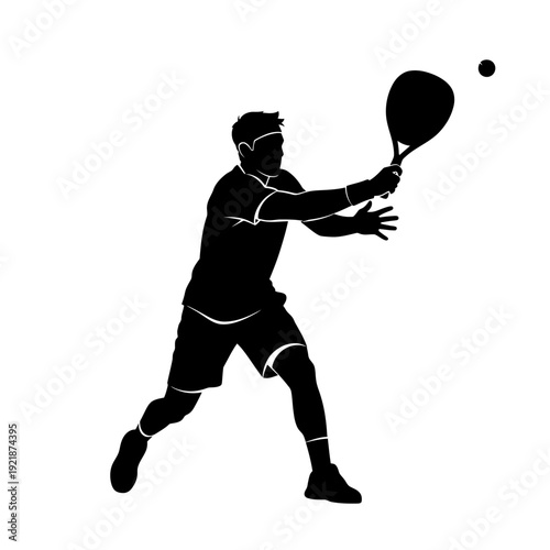 Silhouette of a man playing tennis, hitting the ball with a racket, dynamic action shot