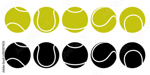 Set of tennis balls in different angles and perspectives. Colored version and black and white variation. Sport equipment collection isolated on white background, vector flat illustration.
