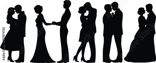 Romantic couple silhouettes set with bride and groom embracing isolated on white background vector illustration collection