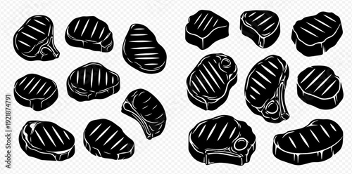 Assorted grilled beef steaks with char marks, isolated black silhouette vector set.