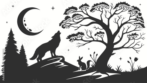 Mystical Night Silhouette: Wolf Howling at Crescent Moon Under Pine Tree for Folklore Design or Eerie Backgrounds