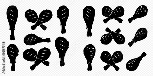A collection of black silhouettes showing grilled chicken legs and drumsticks in various positions.