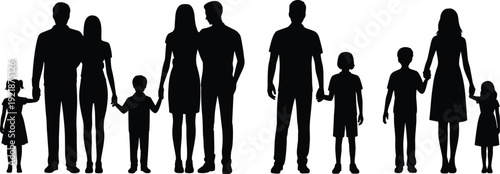 Family silhouettes set with parents and children holding hands isolated on white background vector illustration collection