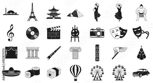 Collection of diverse cultural and artistic icons in silhouette.